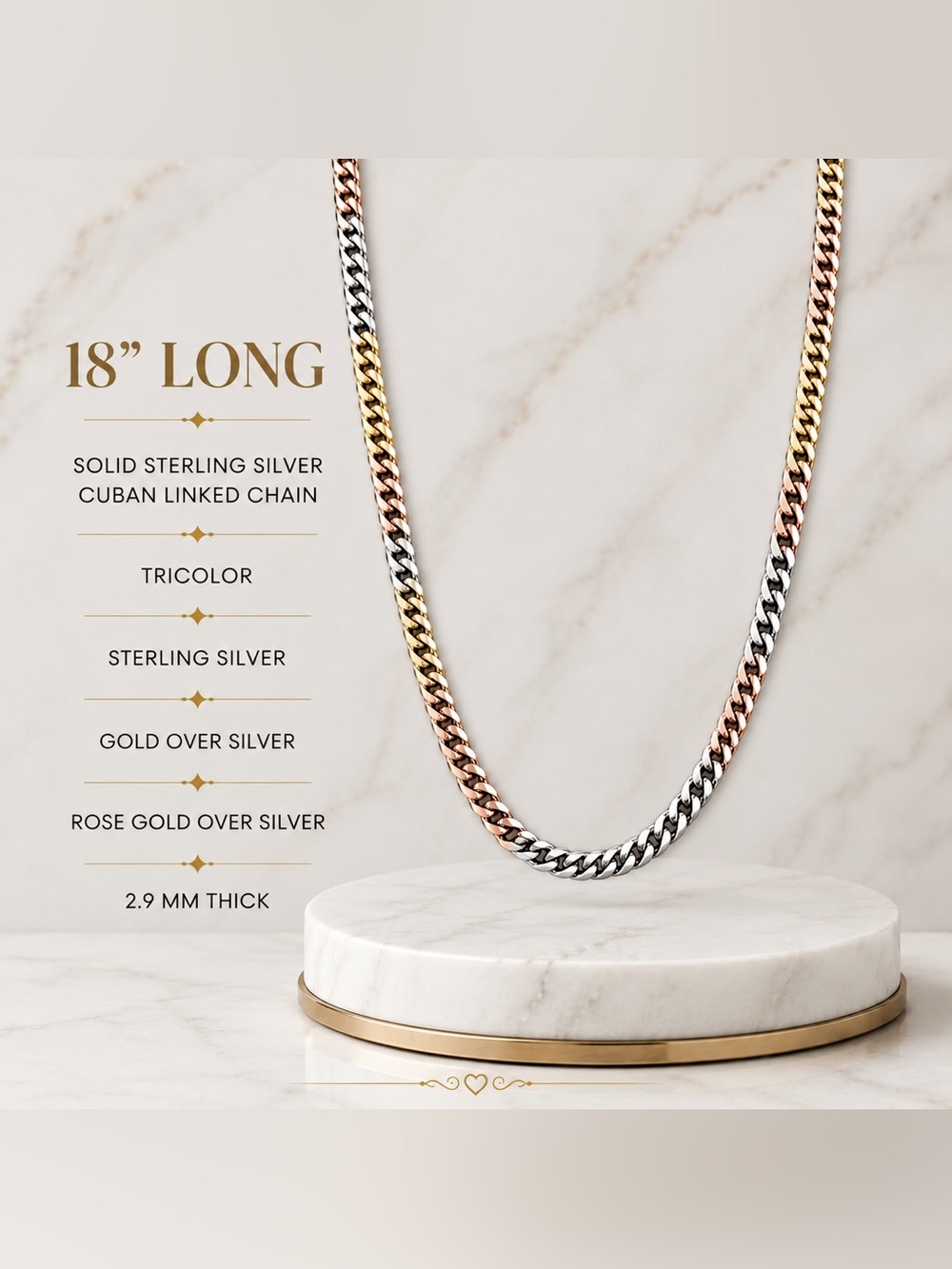 Tricolor Cuban Link Necklace - 18" Sterling & Gold Tone